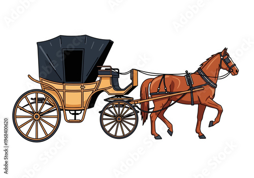 Vintage Horse-Drawn Carriage Vector Illustration Isolated on White Background. Classic 19th Century Coach with Brown Horse and Yellow Buggy. Antique Transportation Design.
