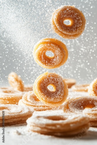 palmiers flying with sugar flakes, isolated on white background