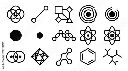 A diverse collection of fifteen minimalist black linear icons featuring abstract geometric shapes, atomic structures, and interconnected circles on a clean white background.
