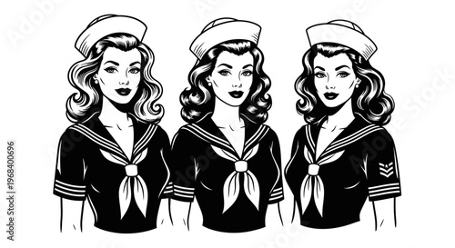 Vintage Sailor Girl Pin-up Trio - Retro Navy Women in Uniform Black and White Illustration