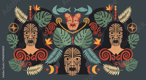 Schilderij op canvas Modern Maori Art Illustration with Traditional Tā Moko Tattooed Faces and Tropic