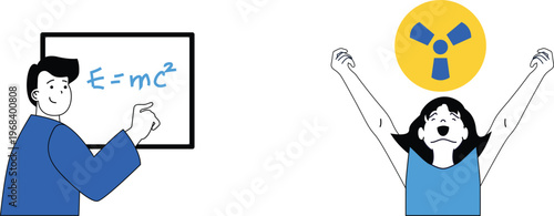 A teacher explains famous equation while student celebrates breakthrough with nuclear energy symbol above her head joyfully