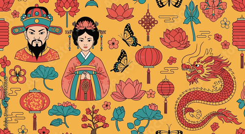 Chinese Traditional Seamless Pattern with Emperor, Empress, Red Dragon, Lanterns, and Lotus Flowers; Oriental Culture Vector Illustration Background