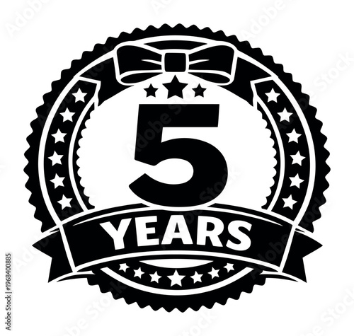 Celebrating fifth anniversary or a 5 year milestone achievement with a black and white seal featuring stars, ribbon, and number five