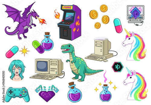 Retro Gaming and Pop Culture Sticker Set with Dragon, Unicorn, Arcade Machine, Vintage Computer, and Fantasy Icons