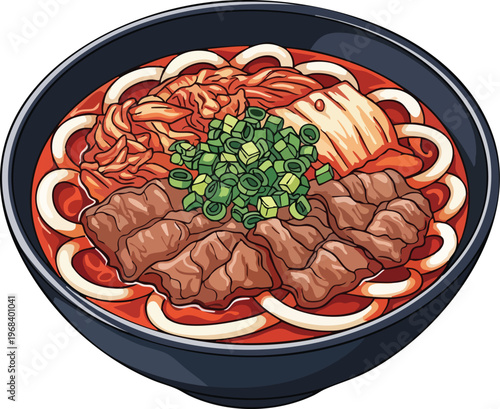 Delicious Kimchi Udon Noodles with Beef and Scallions.
