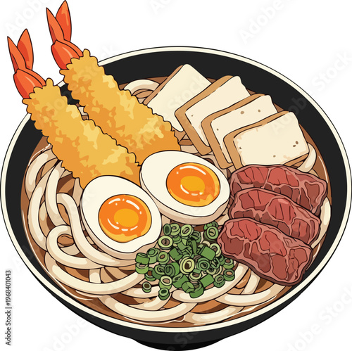 Delicious Japanese Udon Noodle Soup with Shrimp Tempura and Egg.