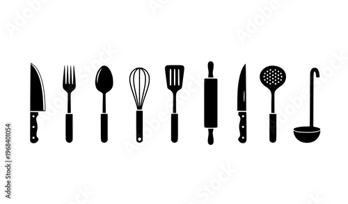 Kitchen utensils silhouette banner with cutlery and cooking tools vector icon set