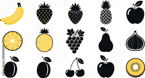 Fruit icon vector set with banana pineapple apple grape kiwi and fig silhouettes colorful and black styles collection design