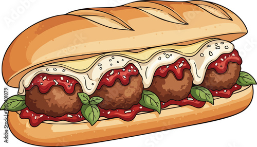 Delicious Meatball Sub Sandwich with Melted Cheese and Marinara Sauce.