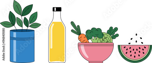 Healthy lifestyle vector set with houseplant juice bottle fresh vegetables bowl and watermelon slice minimal nutrition illustration design