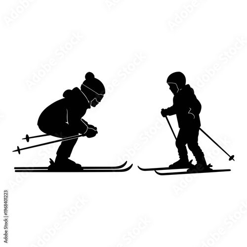 Two skiers demonstrating different skiing techniques on snow-covered slopes Vector, illustration