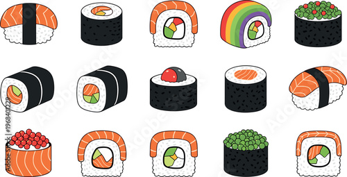 Sushi vector set with assorted rolls nigiri and maki colorful Japanese food collection isolated illustration design
