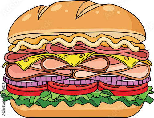 Deliciously stacked deli sandwich with layers of meat cheese and vegetables.