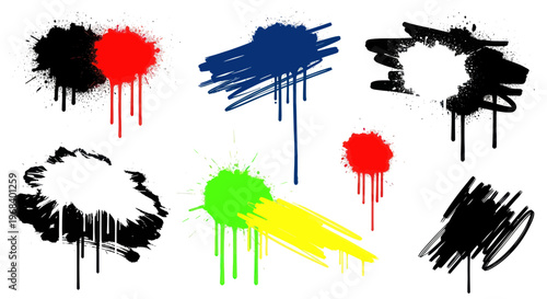 Colorful paint splatters on white.