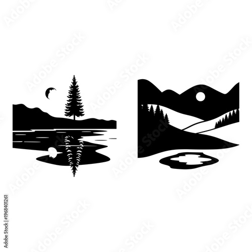 Contrasting moonlit scenes of forest and mountain reflections in nighttime nature Vector, illustration