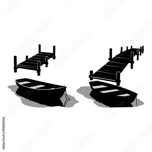 Two docks with boats moored beside them in a serene water setting Vector, illustration