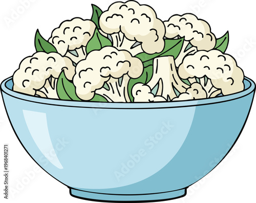 Fresh Cauliflower Florets in a Light Blue Bowl.