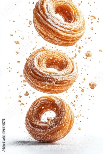 palmiers flying with sugar flakes, isolated on white background