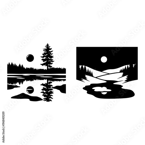 Contrasting lunar phases in forest and moonlit landscape scenes Vector, illustration