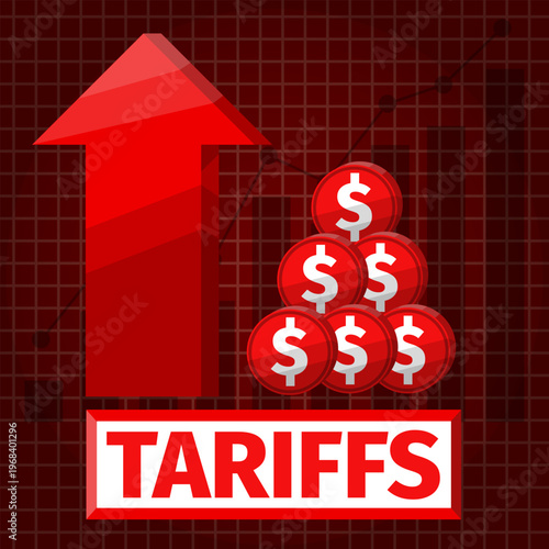 Increasing import tariffs. Concept of tariff increases, economics, and trade. Flat dark style. Coins and an up arrow.
