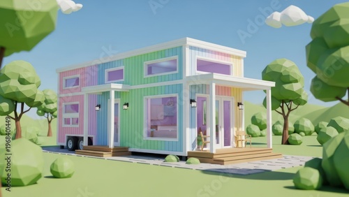 Colorful tiny house illustration surrounded by trees and landscape