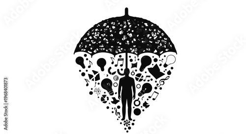 Man under umbrella with speech bubbles and raindrops
