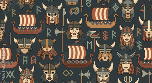 Viking Seamless Pattern with Norse Warriors, Longships, Runes, and Weapons in Flat Vector Style