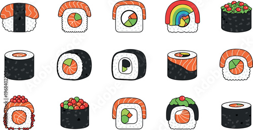 Colorful sushi vector collection with assorted maki nigiri and rolls Japanese food icons isolated illustration set design
