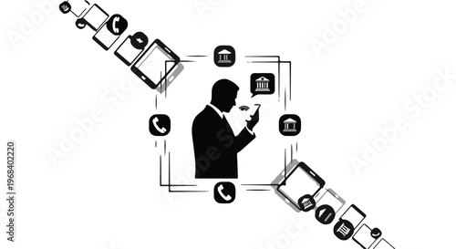man connected to multiple devices and social media icons