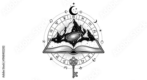 Mystical Open Book with Zodiac Wheel, Galaxy, and Mountains, Esoteric Knowledge and Astrology Concept Illustration