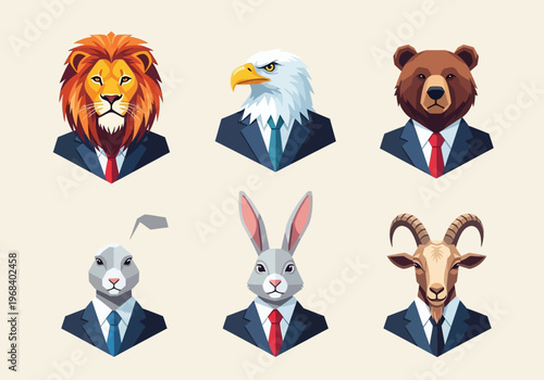 Professional Business Animal Avatars Set: Lion, Eagle, Bear, Rabbit, and Goat Characters in Suits and Ties