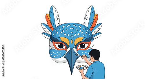 Artist painting a vibrant blue and orange Native American owl mask with white spots and feathers in a colorful artistic style in a studio context
