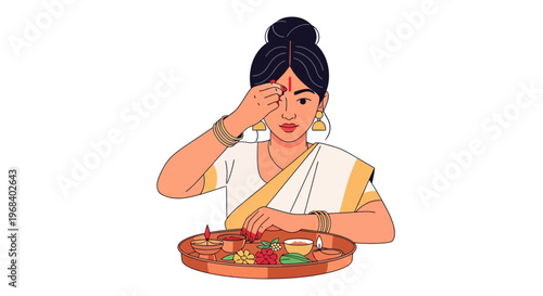Indian woman applying vermilion to her forehead with a tray of puja items, traditional Hindu ritual, colorful flat design, cultural ceremony context