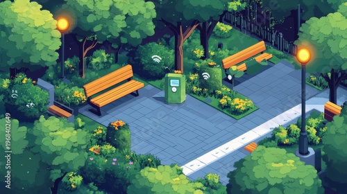 Smart city park with connected benches, Wi-Fi trees via 5G