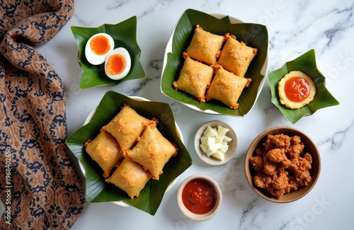 Indonesian Eid dishes featuring ketupat cakes, boiled eggs, chili sauce, and fried meat snacks. The meal is arranged on banana leaves and served on a marble table for a festive celebration.