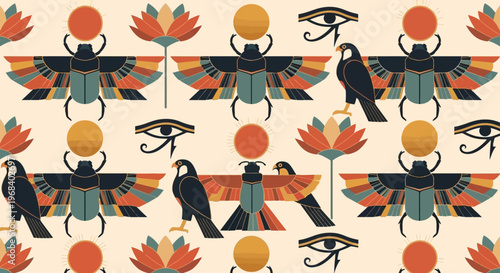 Ancient Egyptian Seamless Pattern with Winged Scarab, Horus Falcon, Eye of Ra, and Lotus Flower