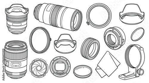 A meticulously detailed line-art collection of various professional camera lenses and photographic accessories is precisely illustrated from multiple angles on a white background.