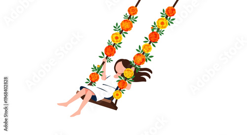 Whimsical illustration of a young girl playfully swinging on a vibrant floral swing adorned with colorful flowers and oranges in a lively and carefree outdoor setting.