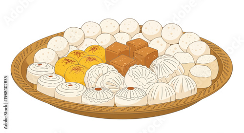Traditional Chinese steamed buns and sweet pastries on a wicker tray, Asian dessert arrangement, colorful dim sum on a plate, food illustration, culinary art, Chinese cuisine, steamed dumpli