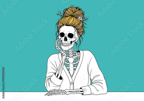 Stylized Illustration of a Skeleton Woman with Blonde Messy Bun and Cardigan Sitting Patiently on Teal Background - Concept of Waiting and Boredom