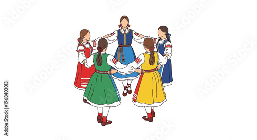 Traditional European folk dancing girls in colorful dresses performing circle dance with ribbons and flowers on white background in whimsical flat illustration style for cultural or festive 