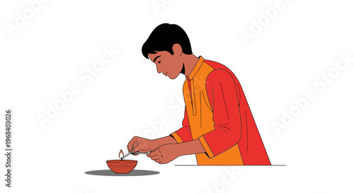 Young man in traditional Indian attire eating soup from a bowl with a spoon in a minimalist flat design style