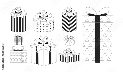 Gift boxes 2D line objects set. Wrapped presents in various shapes. Birthday holiday. Giftboxes with ribbon bows isolated cliparts vector ink outline items. Monochrome spot illustrations collection