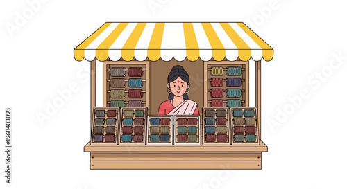 Woman vendor selling colorful spices and herbs from a wooden market stall with yellow and white striped awning in a traditional Indian or Middle Eastern bazaar setting in a minimalist flat c