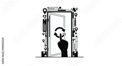 hand holding magnifying glass in doorway with location markers