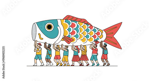 Vibrant group of people in traditional attire carrying large colorful fish puppet in folk art style for cultural festival celebration