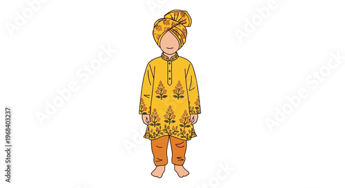 Traditional Indian Boy Wearing Yellow Kurta and Turban Standing Upright in Formal Attire for Festive Occasions and Celebrations in Vibrant Colors and Patterns