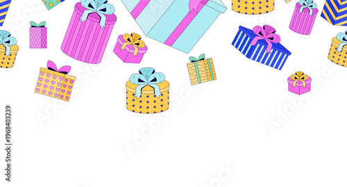 Wrapped gift boxes top frame illustration. Presents. Decorative upper border on white background. Web header with copy space. Seamless horizontal pattern. Page decoration. Vector divider separator