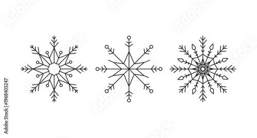 Delicate snowflakes 2D line objects set. Intricate geometric snow flakes. Winter symbol. Cold season. Ice crystals isolated cliparts vector ink outline items. Monochrome spot illustrations collection